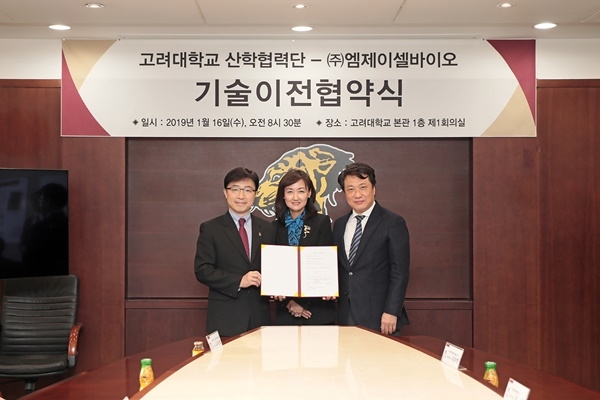고대 산학협력단(단장 고제상)이 16일 고대 본관에서 엠제이셀바이오와 'PA(Protective Antigen, 감염방어항원)를 이용한 CAR-T 개발 기술'에 대한 기술이전 협약을 체결했다. (좌부터) 고제상 고대 산학협력단장, 이경미 고대의대 생화학분자생물학교실 교수, 이왕준 엠제이셀바이오 대표이사.