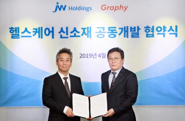 JW홀딩스는 그래피와 협약을 맺고 헬스케어 신소재 개발에 나선다고 8일 밝혔다.