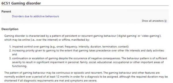 ICD-11에서 명시한 'gaming disorder'에 대한 개념.