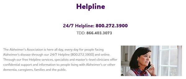 알츠하이머병협회가 제공하는 '헬프라인(Helpline)' 서비스. 알츠하이머병협회 홈페이지 캡쳐.
