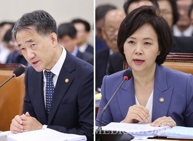 보건복지부 박능후 장관(왼쪽)과 식품의약품안전처 이의경 처장. ⓒ메디칼업저버 김민수 기자