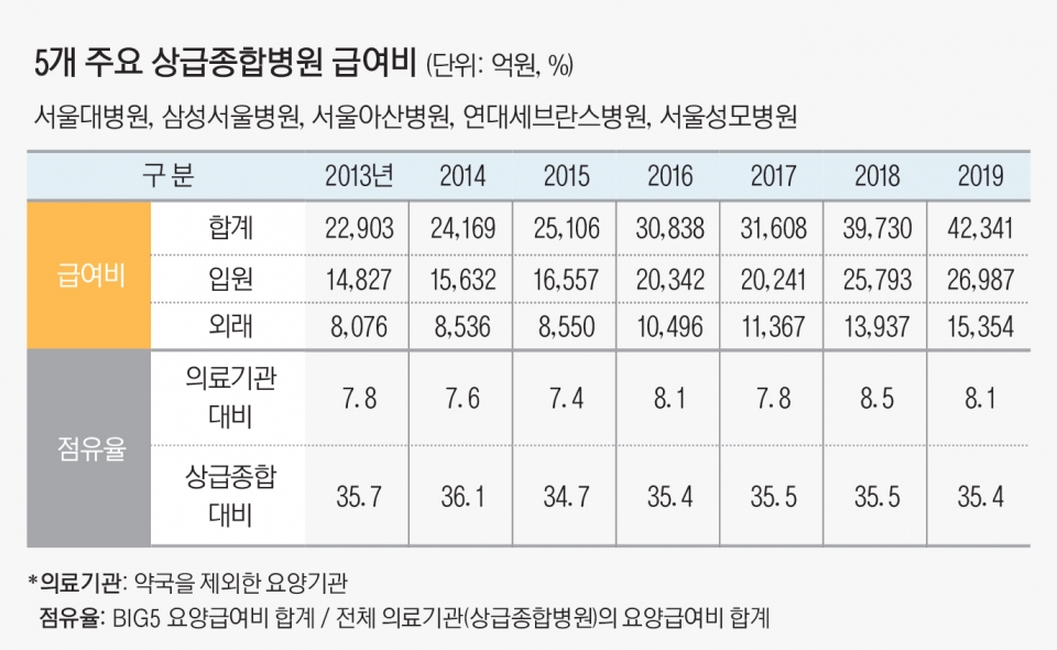 2019년 5개 주요 상급종합병원의 요양급여비 점유율 현황