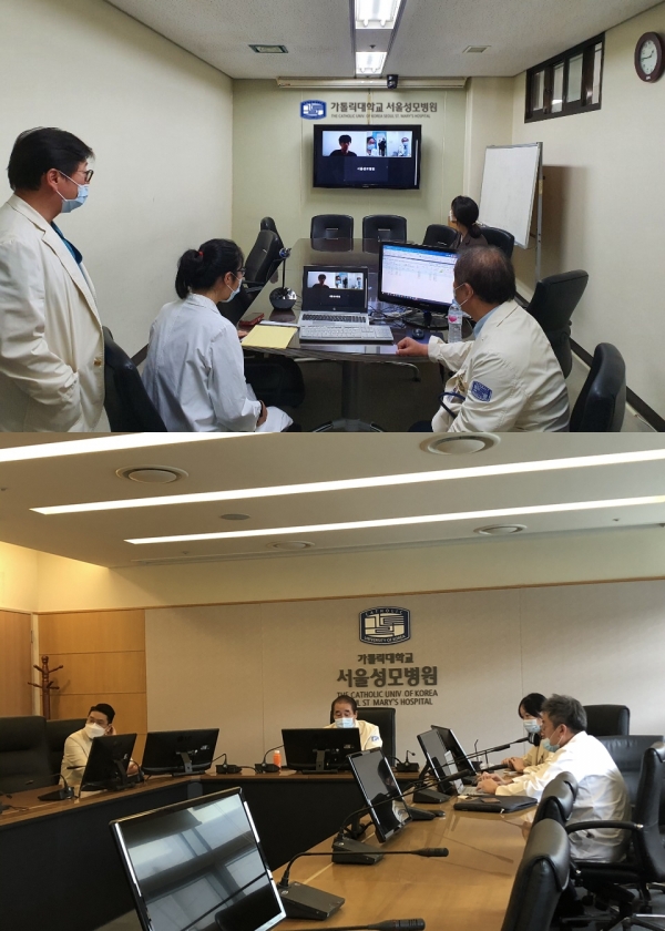 서울성모병원 의료진이 해외에서 근무하고 있는 현대건설 직원에게 원격 건강상담 서비스를 제공하고 있다.