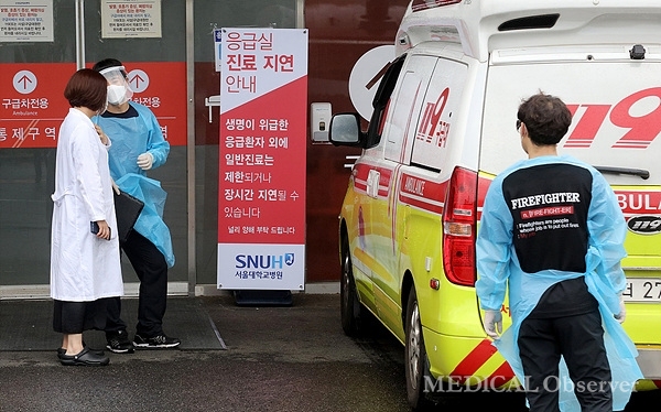 정부의 의료정책에 반대로 시작된 제2차 전국의사 총파업 셋째날인 28일 서울의 한 대학병원 응급의료센터 앞에 구급대원이 대기를 하고 있다.