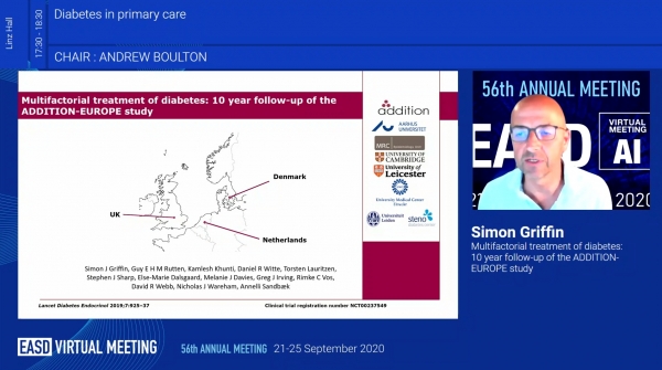 영국 Simon Griffin 교수는 유럽당뇨병학회 연례학술대회(EASD 2020)에서 23일에 'ADDITION-Europe' 10년 추적관찰 결과를 발표하며 제2형 당뇨병 환자의 초기 집중치료 혜택을 강조했다.