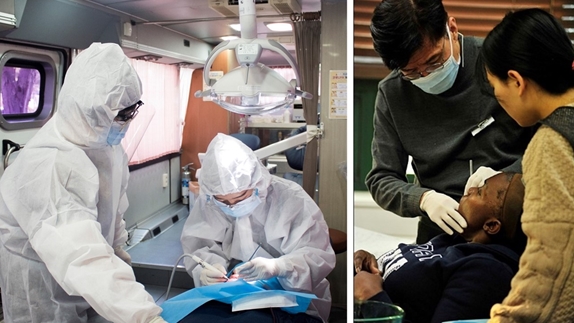 건강사회를 위한 치과의사회 부산경남지부(왼쪽)와 함께 아시아의 의료 봉사활동 모습.