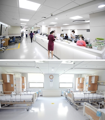 리모델링이 완료된 강남세브란스병원의 병동 스테이션(위쪽)과 병실 전경.