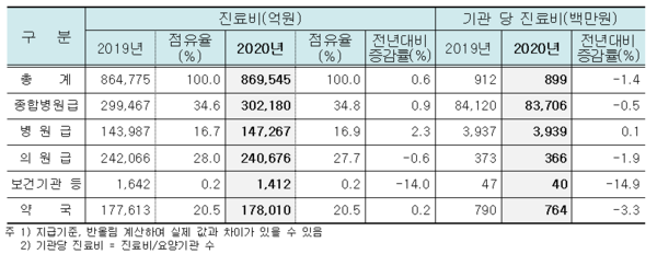 요양병원 종별 진료비 점유율(2020년)