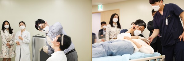 안면신경마비 환자에게 보톡스 주사요법을 시행하고 있는 김진 교수(좌)와 도수치료를 하고 있는 김대록 물리치료사(우)