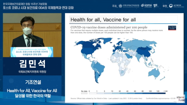 김민석 복지위원장이 기조연설을 하고 있다. 지도는 국가별 백신 접종율