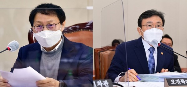 6일 진행된 국정감사에서 보건복지부 권덕철 장관이 더불어민주당 김성주 의원(사진 왼쪽)에 질의에 답하고 있는 모습.