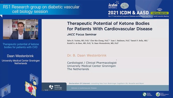 ▲네덜란드 그로닝겐대학 의료센터 Daan Westenbrink 교수는 대한당뇨병학회 연례 국제학술대회(11th ICDM & 13th AASD)에서 'Therapeutic potential of ketone bodies for patients with CVD)'을 주제로 발표했다. 학술대회 강연 화면 캡처.