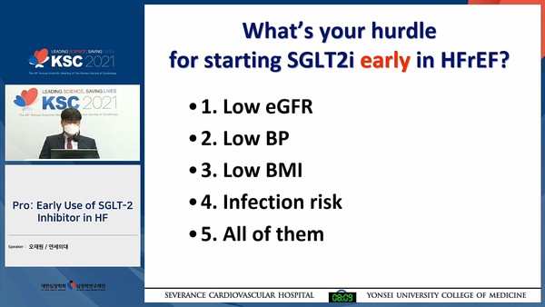 ▲세브란스병원 오재원 교수(심장내과)는  16~18일 온라인으로 열린 대한심장학회 추계학술대회에서 '심부전에서 SGLT-2 억제제 조기 사용(Early Use of SGLT-2 Inhibitor in HF)'에 대해 찬성 입장에서 발표했다.