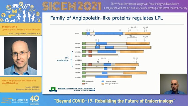 ▲네덜란드 바헤닝언대학 Sander Kersten 교수는 10월 28~30일 온·오프라인으로 개최된 대한내분비학회 국제학술대회(SICEM 2021)에서 'Role of Angiopoietin-like Proteins in Lipid Metabolism'을 주제로 발표했다. 학술대회 강연 화면 캡처.
