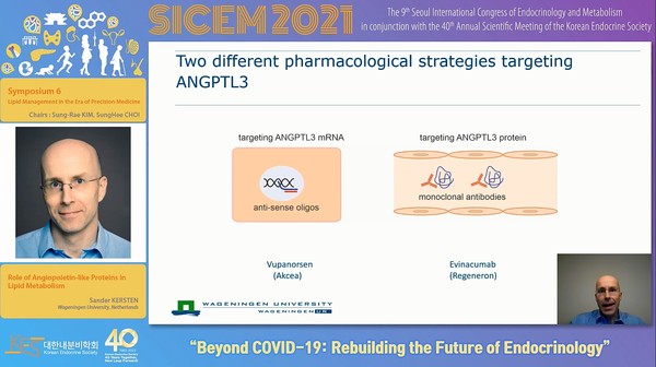 ▲Kersten 교수는 ANGPTL3를 표적으로 한 두 가지 약물개발 전략을 소개했다. 학술대회 강연 화면 캡처.