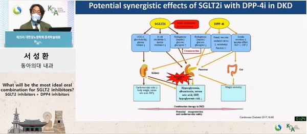 동아대병원 서성환 교수가 SGLT-2 억제제에 DPP-4 억제제를 추가하는 것이 효과적이라는 발표를 하고 있는 모습.  