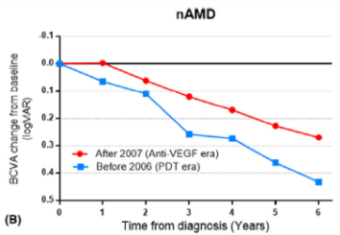 ▲2006년 이전(파랑색)과 비교해 혈관생성억제약물 주사 치료가 도입된 2007년 이후(빨강색) 시력 경과가 개선됐다.