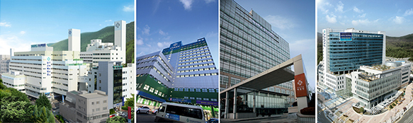 4개 백병원 전경사진(왼쪽부터 부산백병원, 상계백병원, 일산백병원, 해운대백병원)