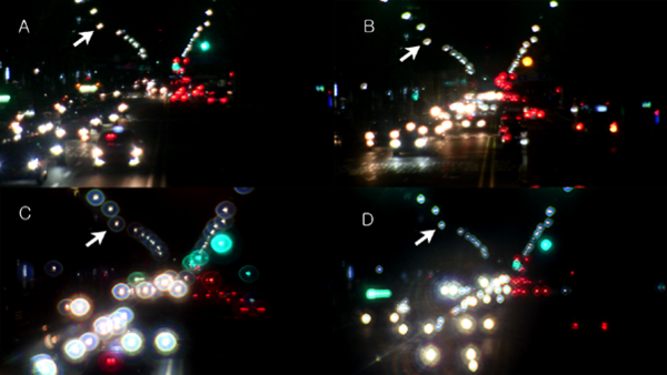 ▲휴대용 모델눈으로 촬영한 야간 도로. A: 단초점인공수정체, B: 향상된 기능의 단초점인공수정체, C: 다초점인공수정체, D: 연속초점인공수정체.