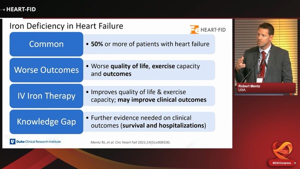 ▲미국 듀크대 임상연구소 Robert Mentz 박사는 지난달 25~28일 네덜란드 암스테르담에서 열린 유럽심장학회 연례학술대회(ESC 2023)에서 HEART-FID 결과를 발표했다. ESC 학술대회 기자간담회 영상 캡처.