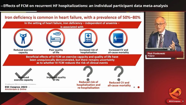 ▲폴란드 브로슬라프의대 Piotr Ponikowski 교수는 철결핍 동반 심부전 환자 대상 FCM 무작위 연구를 메타분석한 결과를 발표했다. ESC 학술대회 기자간담회 영상 캡처.