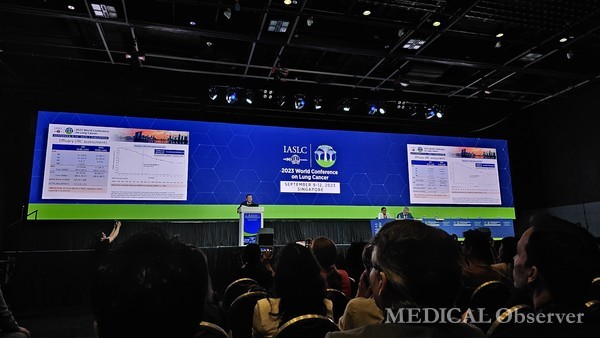 ▲중국 상하이자오퉁대학 Shun LU 교수는 9~12일 싱가포르에서 열린 세계폐암학회 국제학술대회(WCLC 2023)에서 MET 엑손 14 변이 비소세포폐암 환자를 대상으로 진행한 오파티스 임상3b상 결과를 발표했다.