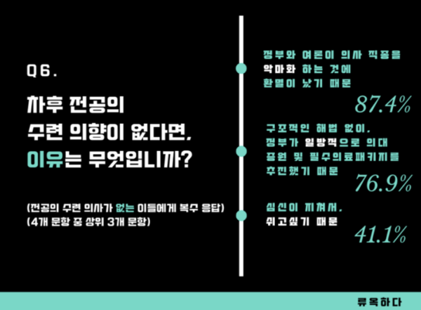 △ 젊은의사 동향조사 결과 중 '전공의 수련 의향이 없는 이유' (사진출처: 류옥하다 블로그)
