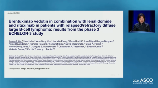 ▲가톨릭대 성빈센트병원 혈액내과 김정아 교수는 5월 31일~6월 4일 미국 시카고에서 열린 미국임상종양학회 연례학술대회(ASCO 2024)에서 애드세트리스의 ECHELON-3 임상3상 결과를 발표했다. 