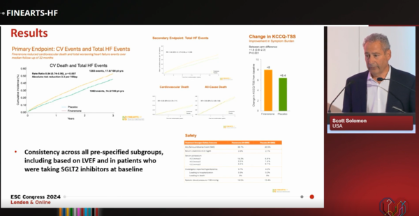 ▲미국 브리검여성병원 Scott Solomon 박사는 8월 30일~9월 2일 영국 런던에서 열린 유럽심장학회 연례학술대회(ESC 2024)에서 FINEARTS-HF 연구 결과를 발표했다. ESC 2024 학술대회 강의 화면 캡처.