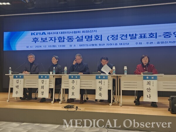 10일 대한의사협회 중앙선거관리위원회가 주최하는 ‘후보자 합동 설명회’에서 후보들이 발표 준비를 하고 있다. 왼쪽부터 김택우 후보, 강희경 후보, 주수호 후보, 이동욱 후보, 최안나 후보.