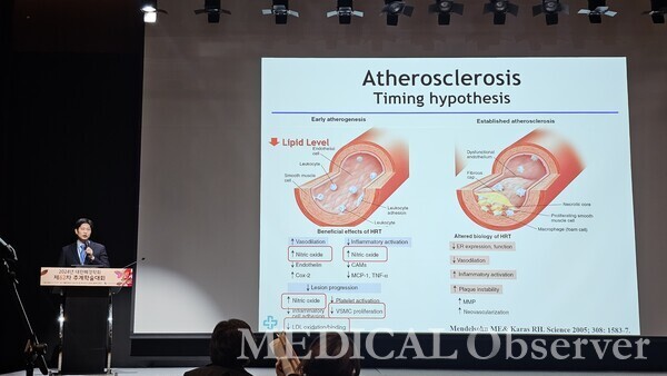 ▲대한폐경학회 전성욱 임상지침서발간위원장은 지난달 17일 가톨릭대 성의교정 옴니버스파크에서 열린 '대한폐경학회 제62차 추계학술대회'에서 '폐경호르몬요법 치료지침 2024'를 공개했다.