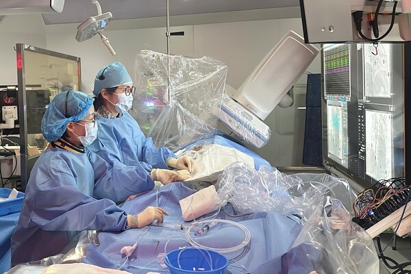 차명진 서울아산병원 심장내과 교수(오른쪽)팀이 12월 20일 펄스장 절제술을 시행하고 있다.