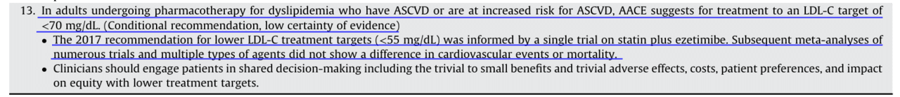 ▲미국임상내분비학회 '이상지질혈증 성인의 약물 관리 가이드라인' 권고안 발췌.