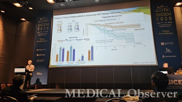 ▲가톨릭대 서울성모병원 임동준 교수는 1~3일 그랜드워커힐에서 열린 대한내분비학회 국제학술대회(SICEM 2025)에서 'Benefit and challenges of highly selective TKIs for thyroid cancer'을 주제로 발표했다.