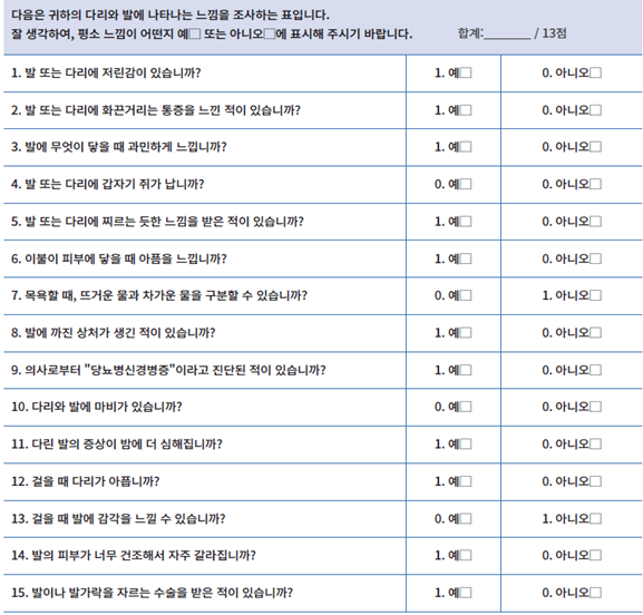 표 1. 미시간 신경병증 선별 질문 (출처: 대한당뇨병학회, 당뇨병성 신경병증 매뉴얼 2020)