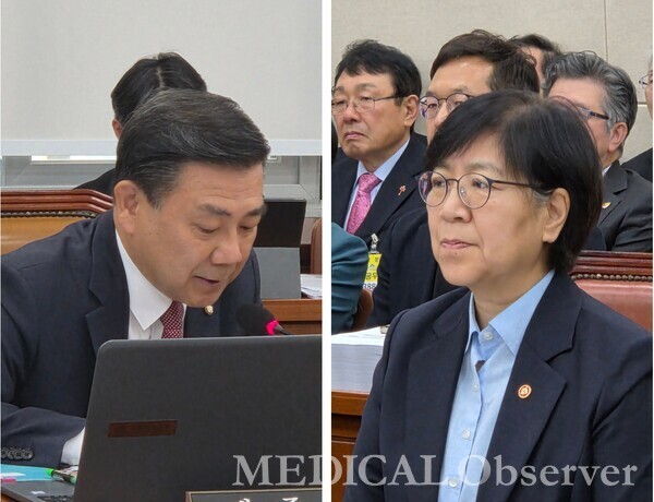 국회 보건복지위원회 30일 종합국정감사에 출석한 국민의힘 백종헌 의원(왼쪽)과 보건복지부 정은경 장관